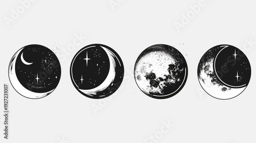 Artistic depiction of the phases of the moon, illustrated in a circular layout