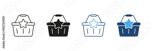 Shopping Basket With Star Line And Solid Icon Set. Premium Shopping Experience And Customer Loyalty Outline And Silhouette Symbol Collection. Retail And E-Commerce. Isolated Vector Illustration