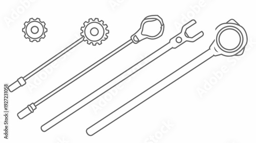 Linear illustration of tools, including cogs, wrenches, and sockets. Minimalist, monochrome outline