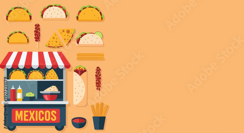 Colorful vector illustration displaying various Mexican street food items like tacos, nachos, churros, and a burrito, around a 'MEXICOS' food stand.