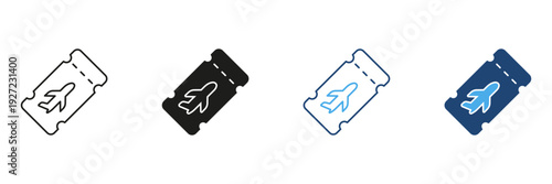 Airplane Ticket Icon Set. Travel Booking And Flight Reservation Symbol Collection. Aviation And Airline Ticketing Representation. Isolated Vector Illustration