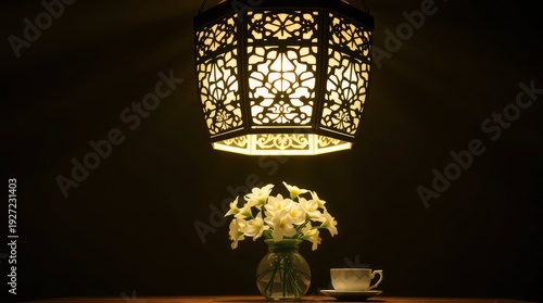 A beautifully illuminated decorative lantern with intricate, ornate patterns casts a warm, inviting glow over a serene tabletop arrangement. A clear glass vase holds a vibrant bouquet of elegant white