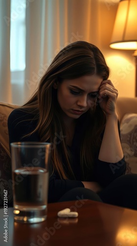 A contemplative young woman sits alone indoors, her expression conveying a sense of sadness, worry, or deep thought. Her hand rests gently on her head, suggesting a headache, stress, or emotional burd
