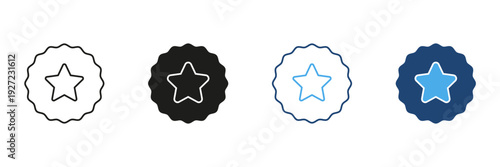 Star Badge Emblem Line And Solid Icon Set. Achievement, Quality Assurance, And Excellence Recognition Outline And Silhouette Symbol Collection. Award And Certification. Isolated Vector Illustration
