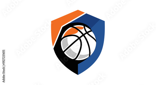 Shield logo with basketball inside orange blue and black