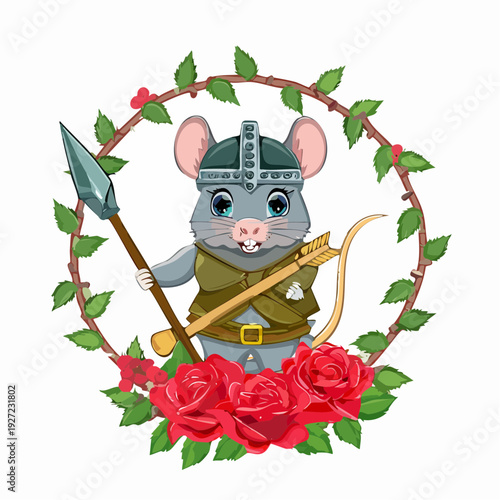 Medieval Mouse Character with Spear and Roses.