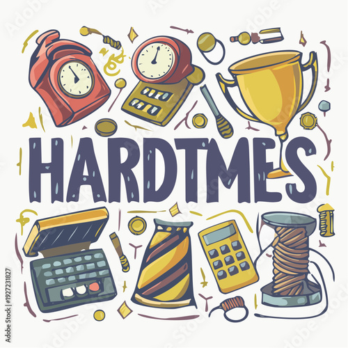 Hand drawn office supplies and trophy clock.