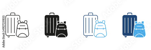 Suitcase And Backpack Travel Icon Set. Luggage And Backpacking Essentials Outline And Silhouette Symbol Collection. Ideal For Travel Planning And Adventure. Isolated Vector Illustration