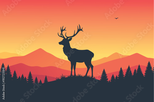 Silhouette of a deer with antlers standing in nature at sunset