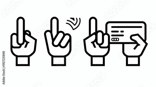 A white graphic representing different hand gestures with black outlines, and a credit card