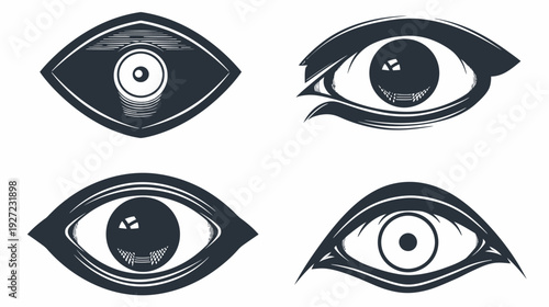Four stylized eye illustrations with dark outlines and filled irises against a stark white background