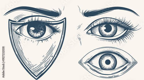 Detailed illustration of human eyes in various forms, including one within a shield shape