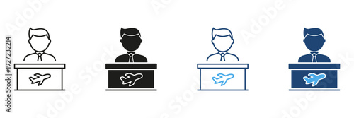 Airline Customer Service Representative Icon Set. Aviation Assistance And Travel Support Outline And Silhouette Symbol Collection. Isolated Vector Illustration