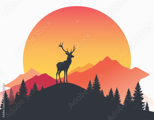 Silhouette of a deer in the mountains at sunset with trees in a wild nature landscape