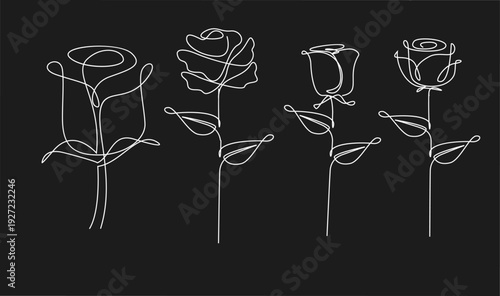 Continuous Line Art Roses Set. Minimalist White Rose Flower Drawings with Single Line Design on Black Background.
