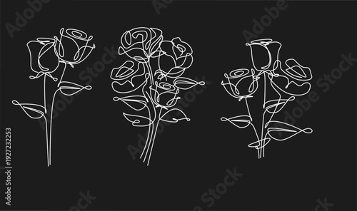 Continuous Line Art Roses on Black Background - Minimalist Single Line Drawing of Three Elegant Rose Bouquets