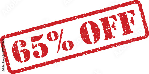 A striking red grunge rubber stamp shows a substantial 65% OFF offer clearly visible on a white surface