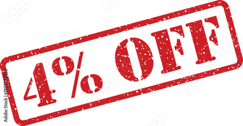 A vibrant red grunge rubber stamp prominently displays 4% OFF text, signaling a discount opportunity
