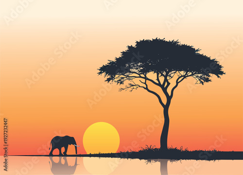Elephants walking across the savanna at sunset with orange sky and tree silhouettes