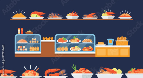 This vector illustration depicts a diverse selection of seafood, prepared meals, and baked goods displayed on shelves and in transparent counter cases.