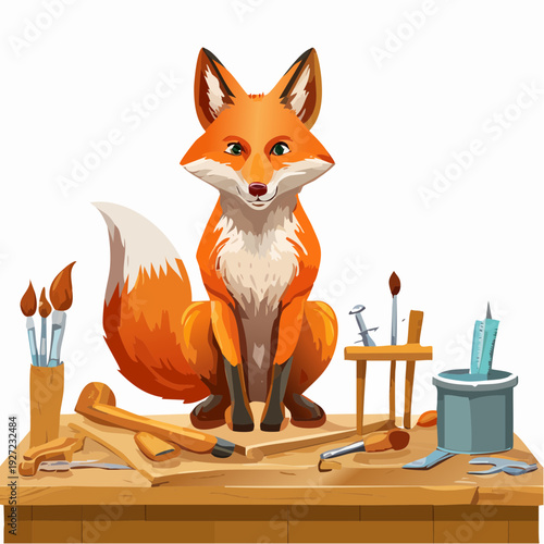 Cartoon Fox Artist with Painting Tools.