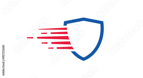 Shield with red and blue abstract motion lines on white background.