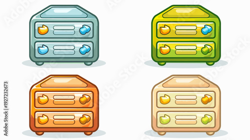 Four stylized cartoon dresser illustrations in different colors, each with two drawers and knobs