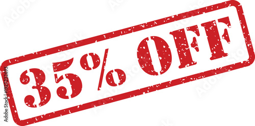 A vibrant red grunge rubber stamp prominently displays 35% OFF text, signaling a discount opportunity