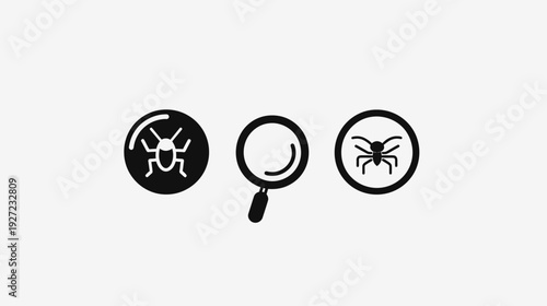 Minimalist illustration of insect icons and a magnifying glass, set against a plain background