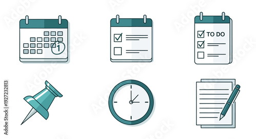 Teal office organization icons set.