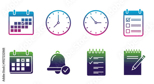 Colorful icons of clocks and calendars.
