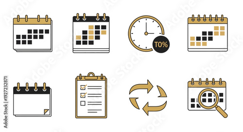 Calendar icons with clock and clipboard.