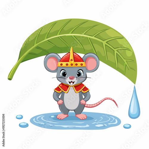 Cartoon Mouse Wearing Crown Under Leaf.