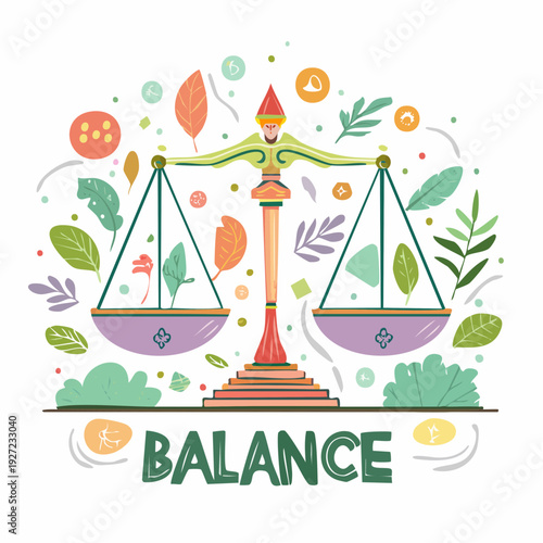 Illustration of Balance Scale with Leaves and Coins.