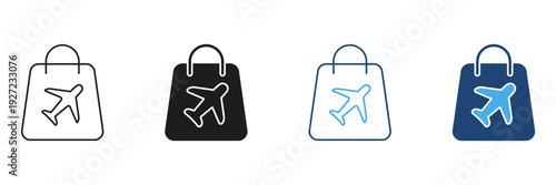 Shopping Bag With Airplane Icon Set. Travel Retail, Duty-Free Shopping, And Tourism Merchandise Symbol Collection. Aviation And Commerce Integration. Isolated Vector Illustration