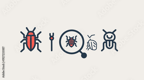 A collection of stylized bug illustrations, including a magnifying glass focusing on an insect