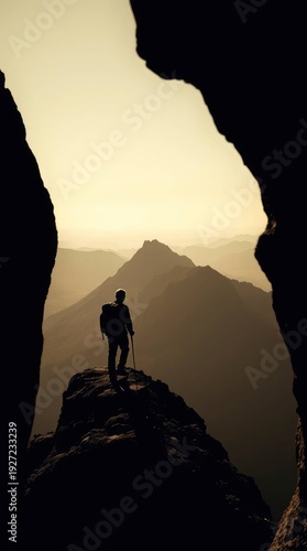 A solitary figure, equipped with a backpack and trekking pole, stands silhouetted atop a rugged mountain peak, gazing across a breathtaking, expansive panorama of layered mountain ranges. The scene is
