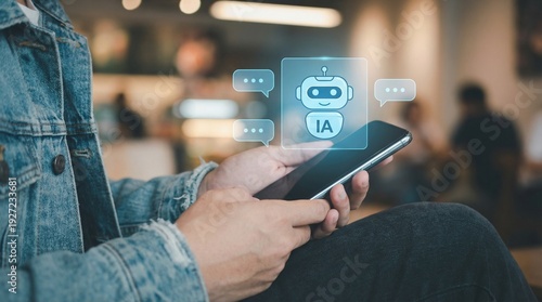Obraz na płótnie Person using smartphone with holographic AI chatbot assistant and message bubbles interaction.