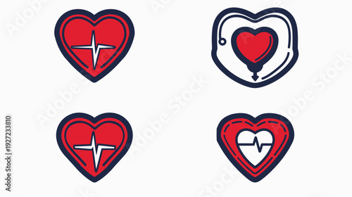 Four stylized, red hearts with blue outlines on a white background, representing health and wellness