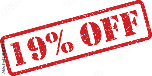 A vivid red grunge stamp indicating a nineteen percent reduction on prices for customers