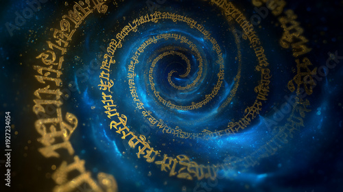 Radiant Sanskrit mantra letters forming a spiral of light in a dark cosmic background