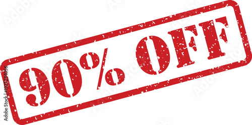 Red grunge rubber stamp featuring the text 90 percent off discount isolated on a white background
