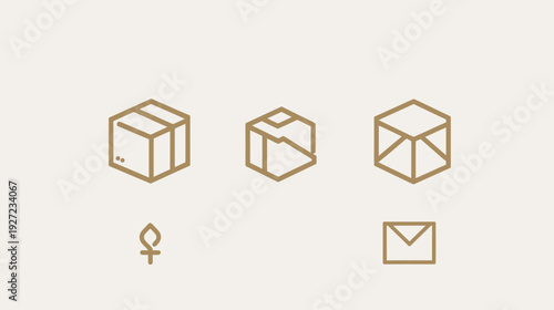 Minimalist set of golden geometric icons, boxes, candle-like flame, and envelope against a neutral backdrop