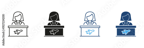 Female Airport Check-In Desk Attendant Icon Set. Airline Customer Service And Travel Assistance Symbol Collection. Aviation Industry And Passenger Support. Isolated Vector Illustration