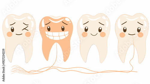 Four cartoon teeth with varied expressions, one orange-toned smiling, the others neutral