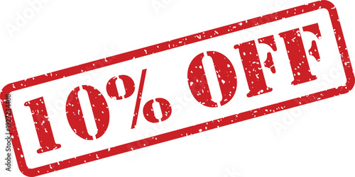 This image shows a bold red distressed rubber stamp effect with the prominent words 10% OFF on a pure white backdrop