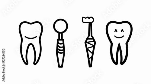 A cartoon dental image of teeth, mirror, and a dental pick in a black and white simple illustration