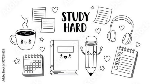 Study Hard Motivational Illustration: A whimsical illustration with a notebook, pencil, coffee, calendar, and headphones, the image promotes diligence and perseverance.