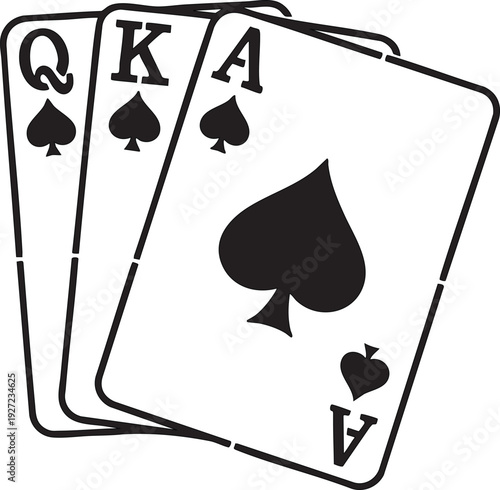 Queen King and Ace of Spades playing cards a royal flush concept for gambling and poker isolated on white background