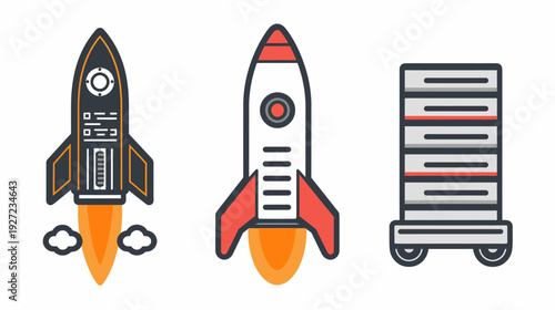 Three vector illustrations on a white background two rockets taking off and a gray server rack